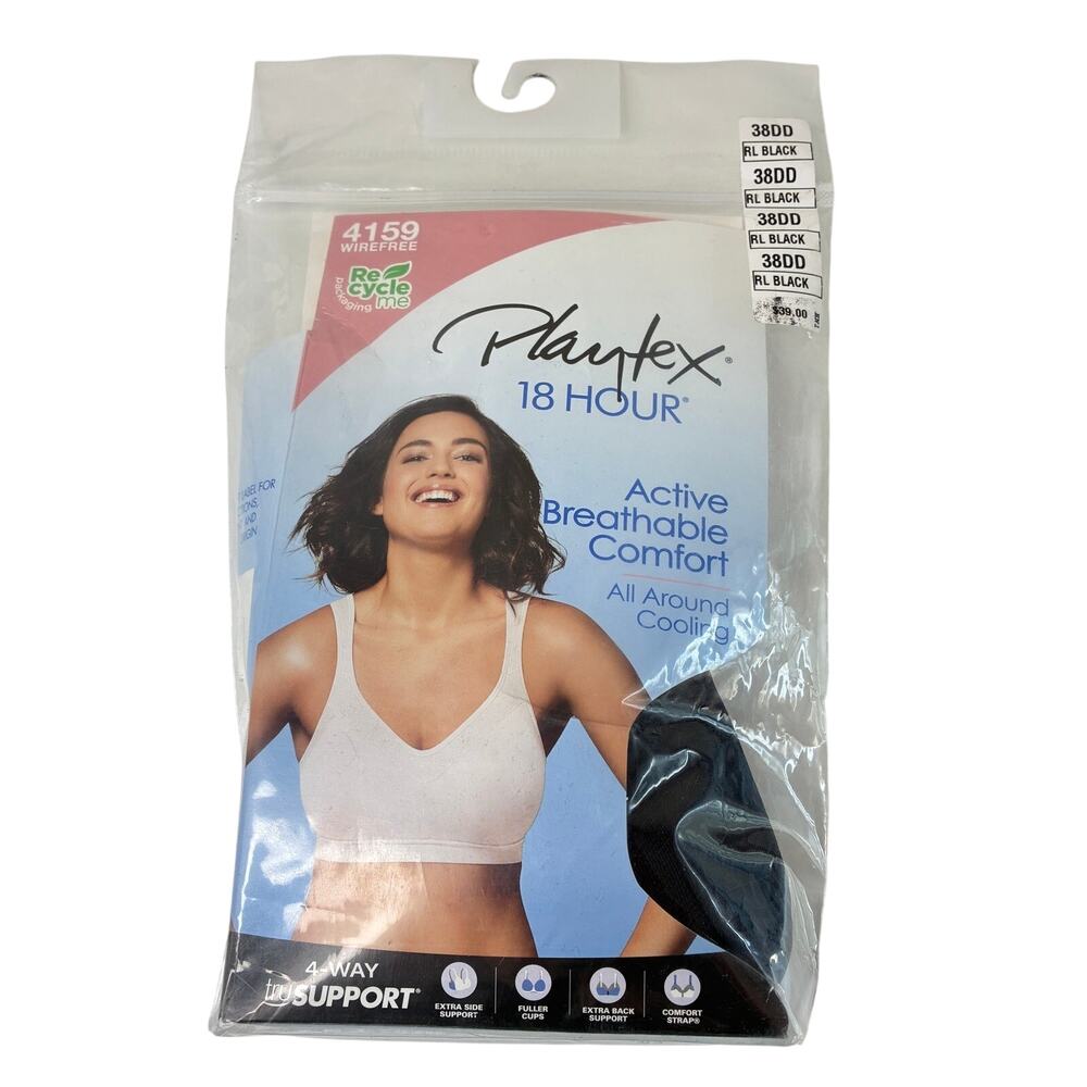Playtex 4159 Wirefree 18 Hour Active Breathable Comfort Black Bra NWT 38DD